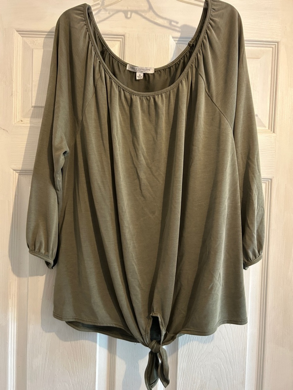 Green Envelope Olive Green Tie-Front Scoop Neck Blouse